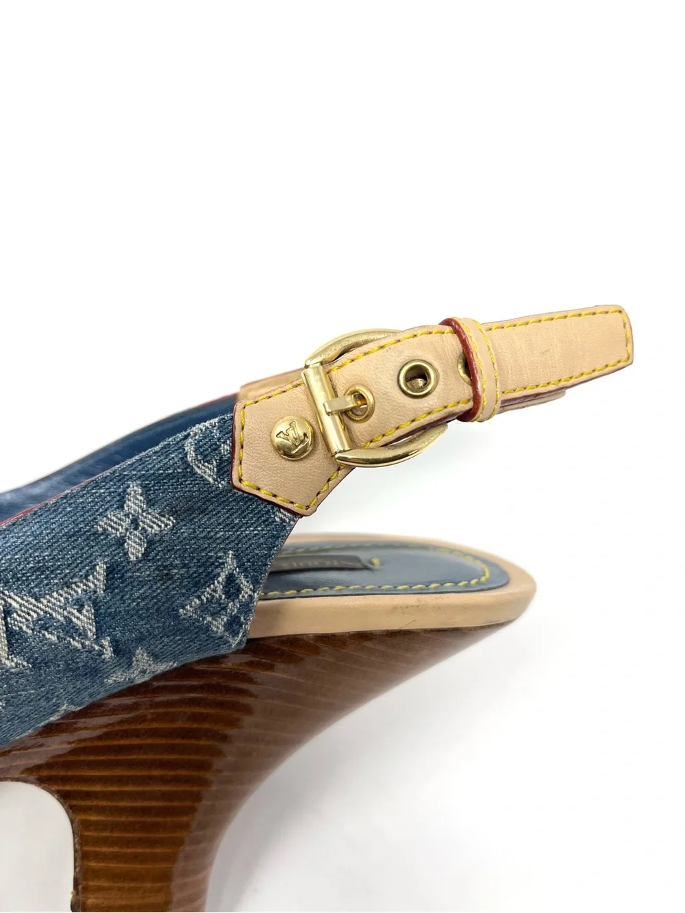 Vintage Vtg Louis Vuitton Blue Denim Logo Monogram Slingback Sandals Heels 37 7